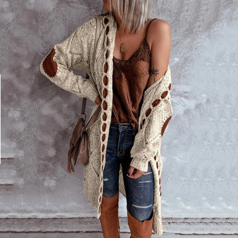 Autumn  Winter  Casual Patchwork Hooded Color Matching Sweater  Long Cardigan Sweater Coat for Women