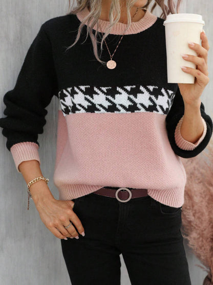 Spring Autumn Contrast Color Pullover round Neck Knitted Sweater Fashion Geometry Pattern Pattern Jacquard TopWomen's Clothing