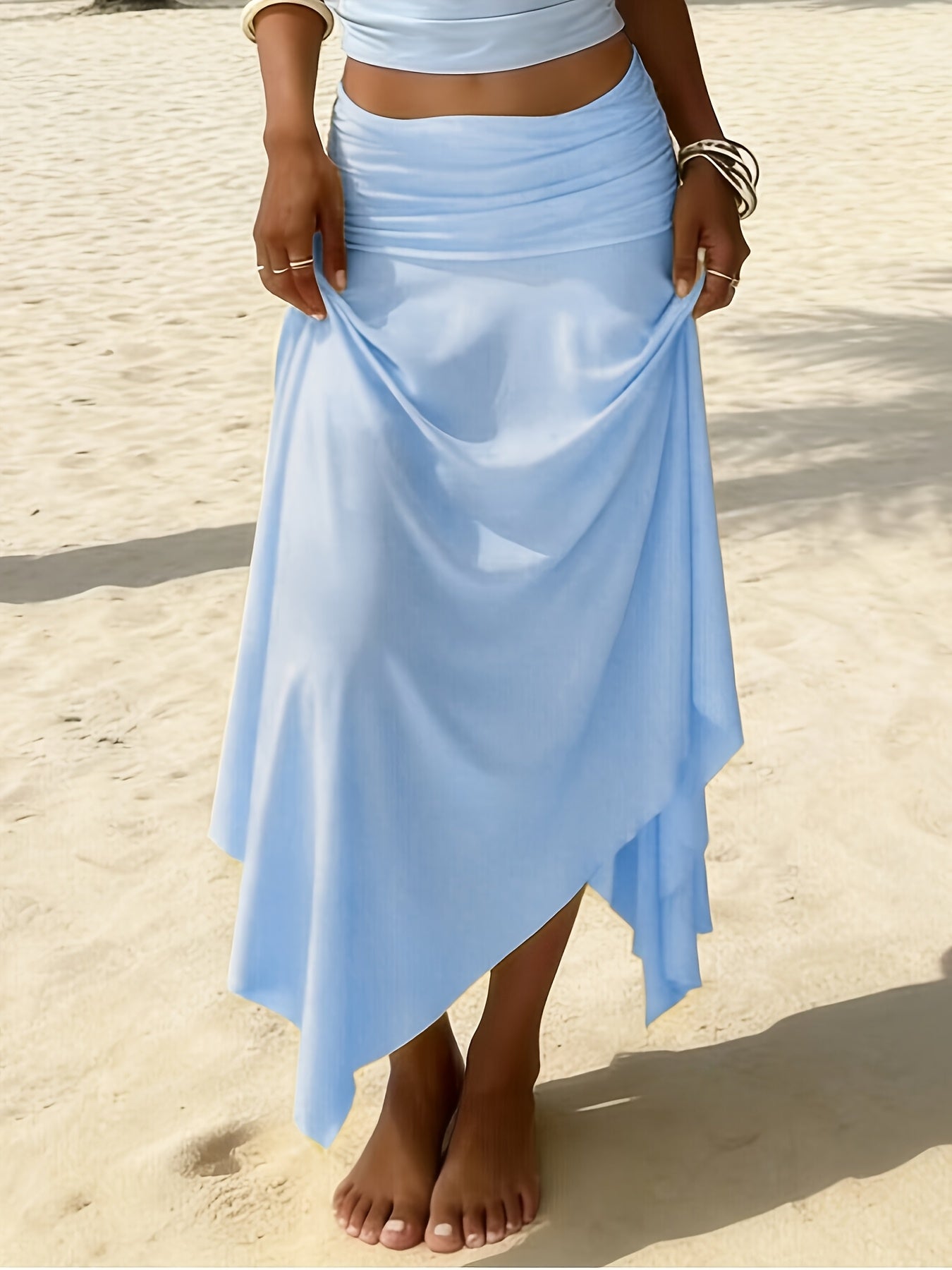 Women's Ruched Waist Asymmetric Ruffle Hem Maxi Skirt
