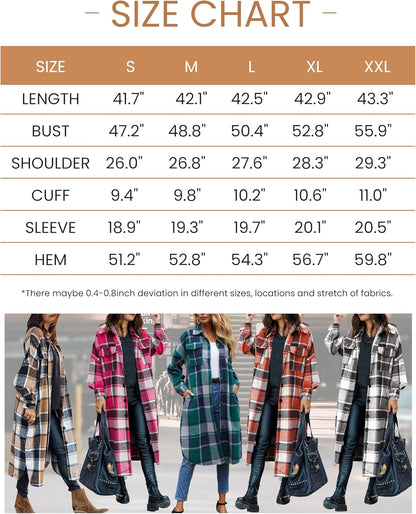 Women Fall Flannel Plaid Shacket Jacket Oversized Button Down Long Shirt Jacket