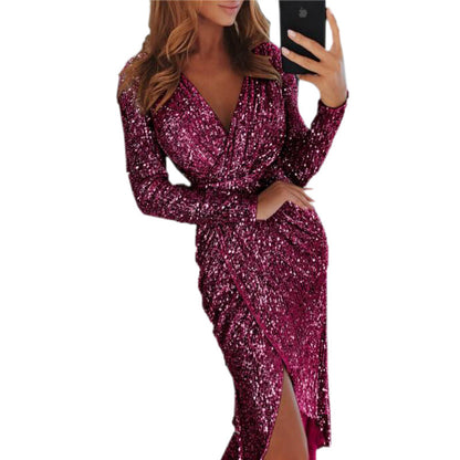 2025 V Shiny Collar  for Dinner Sexy Dress New Women's Bronzing Long Sleeve