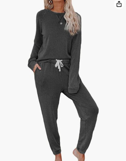 Damen Solides Trainingsanzug-Set, 2-teilig, Langarmpullover und Jogginghose mit Kordelzug, Sport-Outfit-Sets
