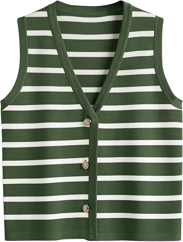 LILLUSORY Vest Tops for Women Striped Sweater Vest 2024 Fall Crochet Cropped Button Up Work Tank Top Outfits Y2K Clothes