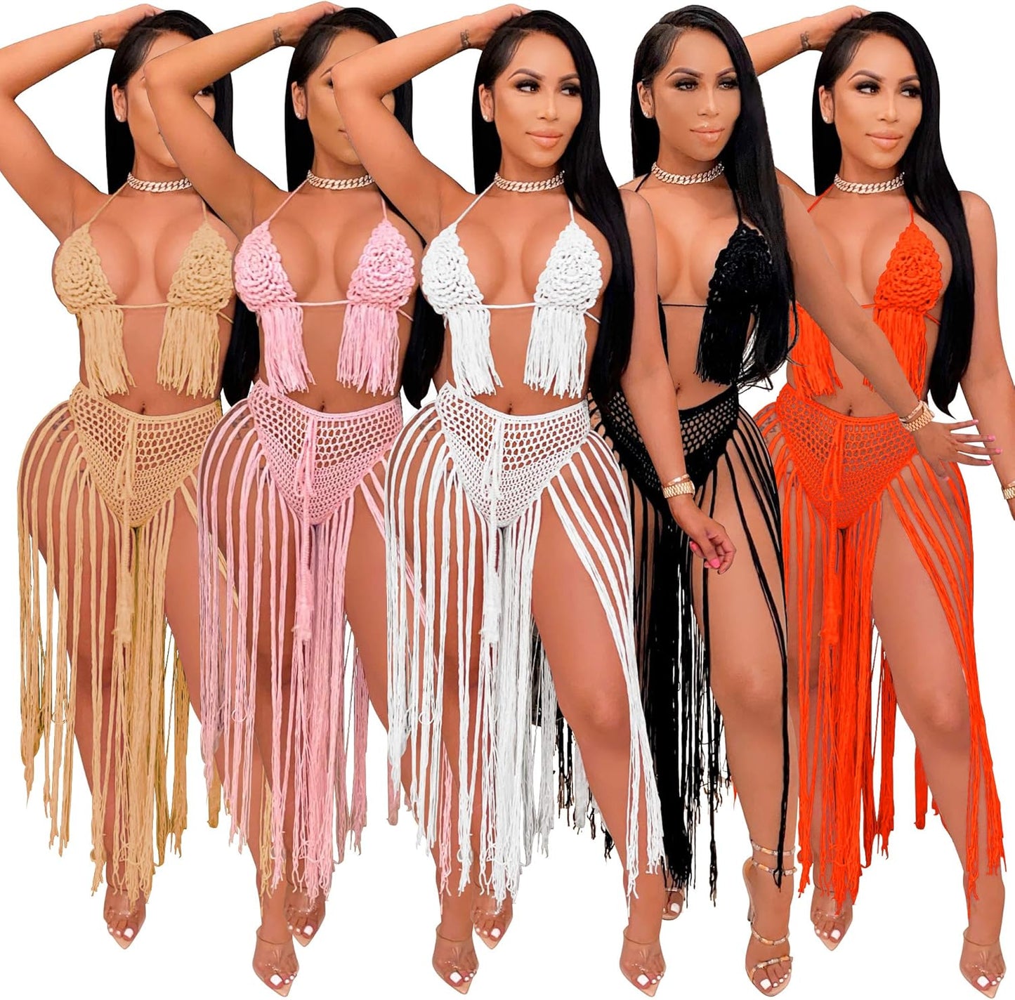 Women Sexy Beach Coverups Summer 2 Piece Outfits Crochet Mesh Fishnet Bikini Top and Maxi Skirt Set - Seldom Seen Styles