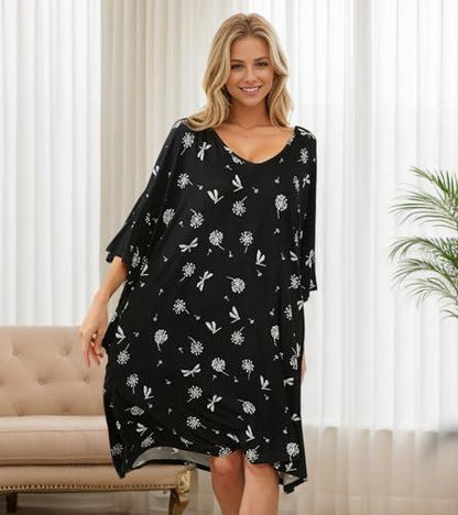 Plus Size Nightgown for Women V-Neck Sleep  Dress Pjs Lounge Short Sleeves Sleepwear With Pocket Fit S-5XL Pajamas Elastic Loungewear Breathable Fabric