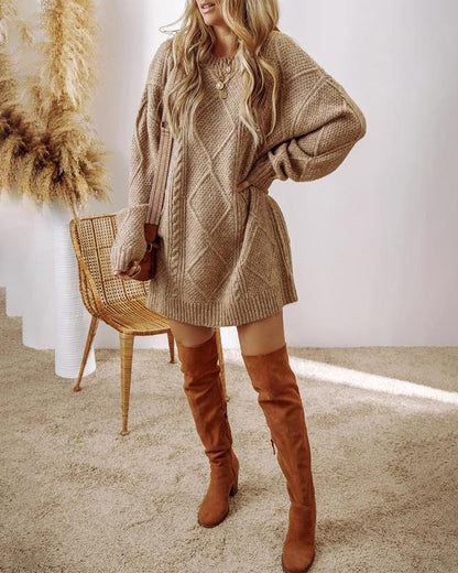 2025 Women's Round Neck Long Sleeve Sweater Dress Casual Loose Fit Cable Knit Pullover Mini Dress - Seldom Seen Styles