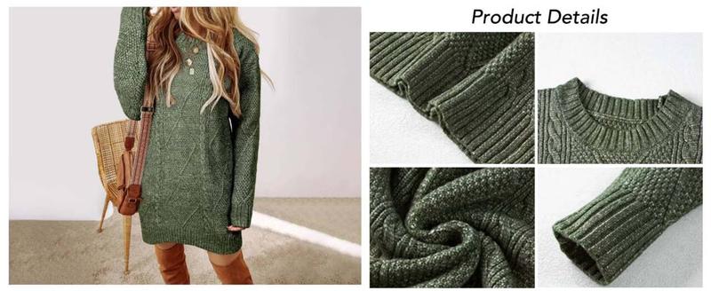 2025 Women's Round Neck Long Sleeve Sweater Dress Casual Loose Fit Cable Knit Pullover Mini Dress - Seldom Seen Styles