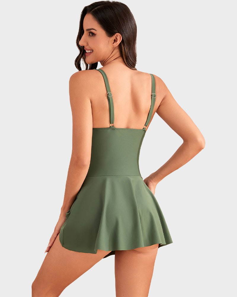 Women's One Piece Tummy Control Tie Knot Swimsuit Skort Built-In Bra Beach Vacation