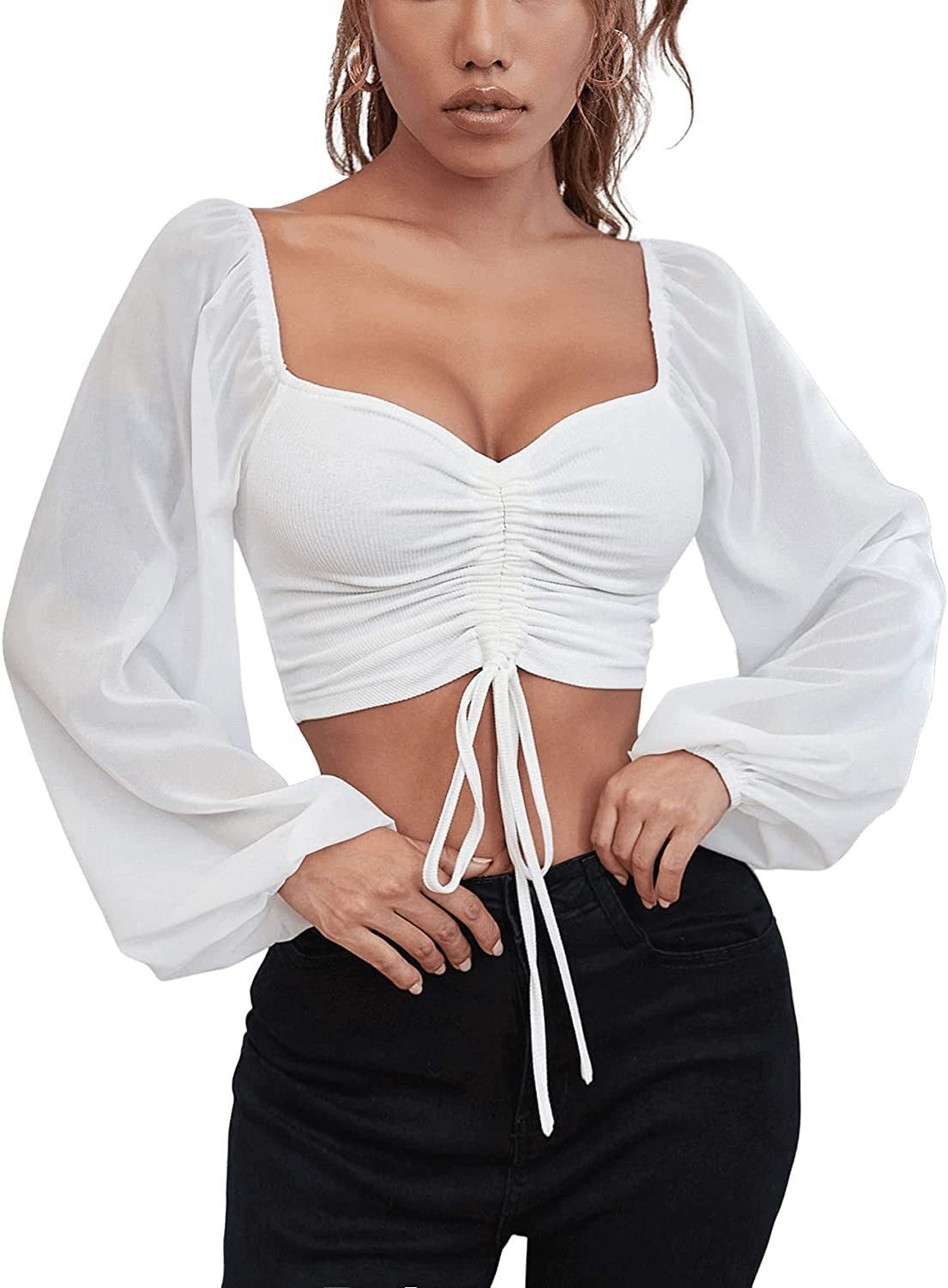 2024Amazon AliExpress Sommer NewVCollar Chiffon Kordelzug Laterne Ärmel Skinny Fashion Sexy Shirt Top 