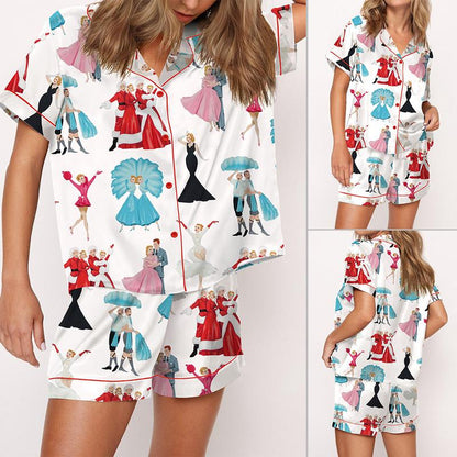 White Christmas Satin Pajama Set For Women Print Comfy Satin Sleepwear & Loungewear Pjs Printing Short Sleeve Top & Shorts - SHESHOW