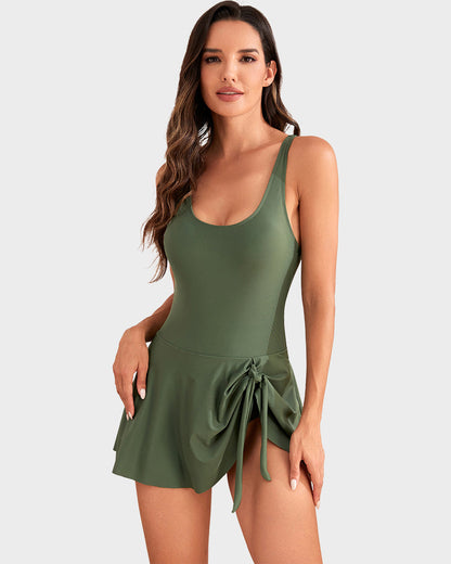 Women's One Piece Tummy Control Tie Knot Swimsuit Skort Built-In Bra Beach Vacation