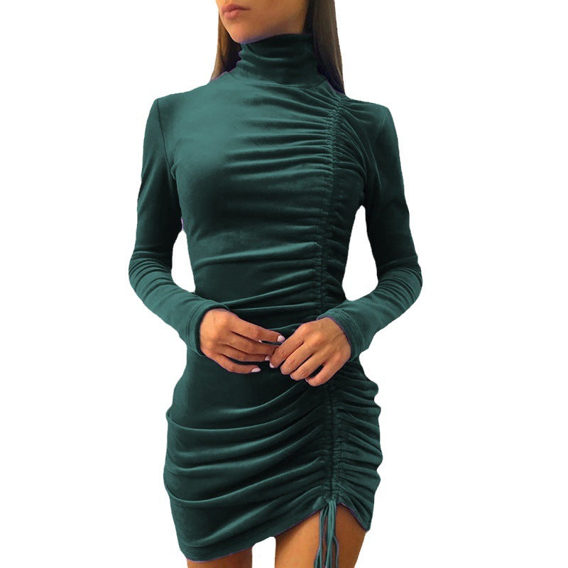 Suede Drawstring Turtleneck Dress Women's Fall Winter Fashion Long Sleeve Skinny Sheath Formal Dress