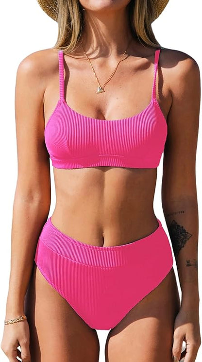 Women's Bikini Set Two Piece Swimsuit High Waisted Scoop Neck Swimwear - Seldom Seen Styles