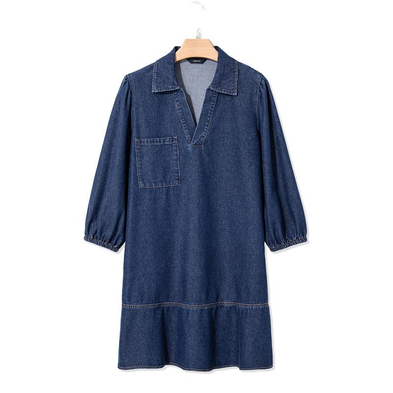 Denim Dress for Women Fashion Fall Casual Babydoll 2025 V Neck 3/4 Puff Sleeve Jean Dresses - Seldom Seen Styles