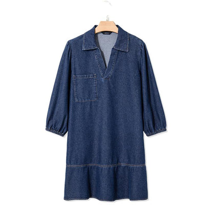 Denim Dress for Women Fashion Fall Casual Babydoll 2025 V Neck 3/4 Puff Sleeve Jean Dresses - Seldom Seen Styles