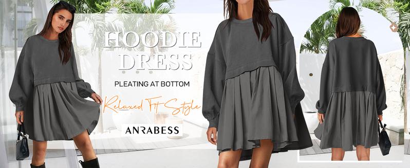 Women Oversized Sweatshirts Hoodie Dress Long Sleeve Crewneck Casual Baggy Patchwork Pleated Flowy Mini Dresses