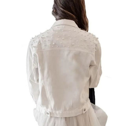 Women's Fashion Loose Embroidered Pearls Beading Cropped Denim Jacket Jean Coat