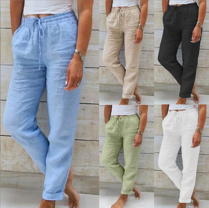 Pantalon fuselé pour femme en coton et lin avec cordon de serrage au dos et taille élastique, pantalon décontracté avec poches