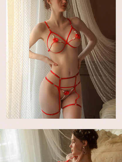 Romantic Rose Embroidered 3-Piece Lingerie Set with Sensory Pearls - T-Back Bra & Thong in 5 Colors
