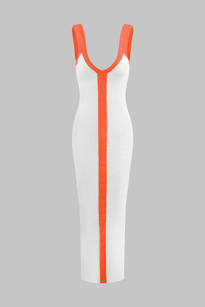 Robe longue côtelée fendue à col en V et blocs de couleur