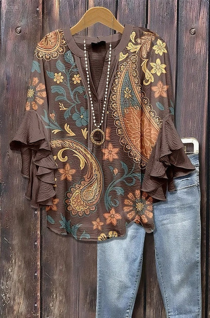 Haut à manches volantées et imprimé floral rétro pour femme, tenue vintage des années 90, chemises amusantes, élégantes et classe, jolie tenue d'été