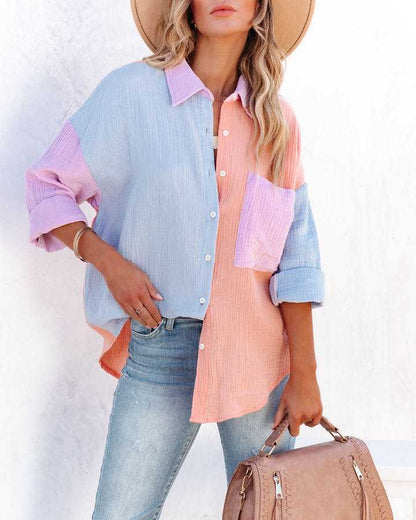 European and american hot2023ebay Amazon Spring New Women's Clothing Fashion Polo Collar Pocket Candy Color Shirt Top