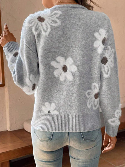 Plus Size Floral Print Button Front Cardigan, Casual Drop Shoulder  V Neck Knitwear for Fall & Winter, Women's Plus Clothing for Daily Wear