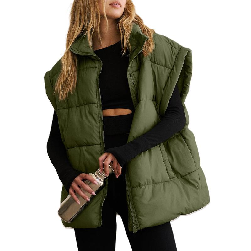 Women's Winter Oversized Puffer Vest Lightweight Stand Collar Flysleeve Insulated Padded Puffy Jackets Coat with Pockets Outerwear Casual Zipper Tops Black Fitted Minimalist - Seldom Seen Styles