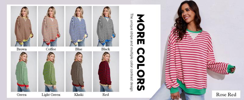 【Up To 3XL】Fisace Christmas Womenswear Striped Oversized Sweatshirt Color Block Crew Neck Long Sleeve Shirt Casual Loose Pullover Top Y2K Clothes back to school - Seldom Seen Styles