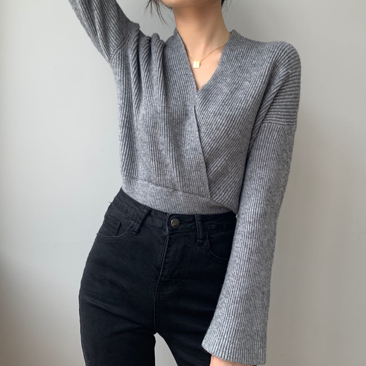 Jiapin Wool/Early Autumn New Women's Clothing Idle StyleVCollar Cross Slim Fit Sweater Small PulloverB8031