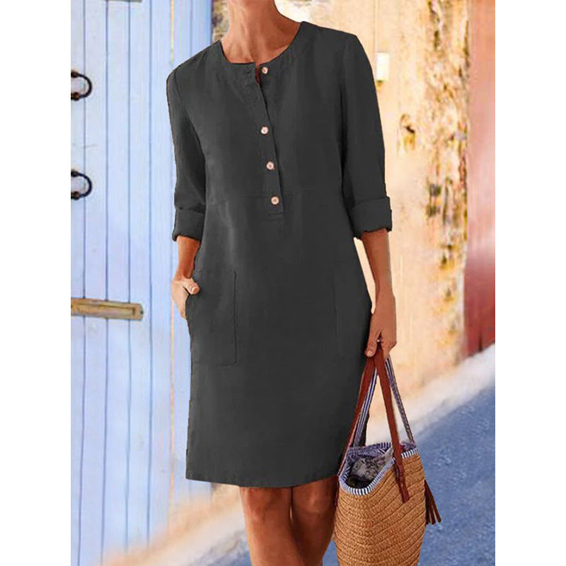 2024Cross-Border Spring New Amazon AliExpress Popular plus Size Women's Clothing Cotton and Linen round-Neck Long-Sleeved Dress