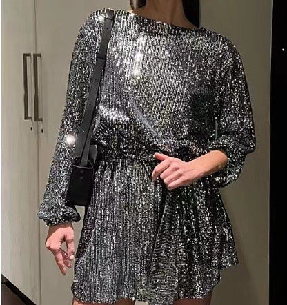 Elegant Sequin Party Dress for Women - Sparkling Long Sleeve, Round Neck with