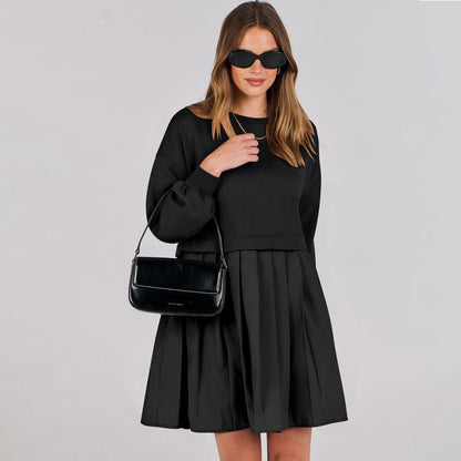 Women Oversized Sweatshirts Hoodie Dress Long Sleeve Crewneck Casual Baggy Patchwork Pleated Flowy Mini Dresses