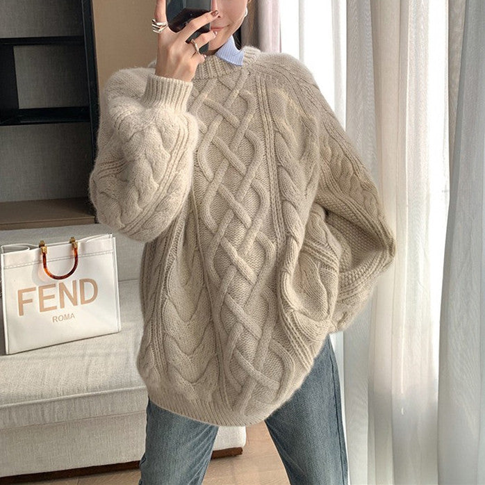 2024 Autumn and Winter New Thick Thread Sweater Women's Korean-Style Loose and Lazy Style round Neck Thickened Cable-Knit Pullover Sweater