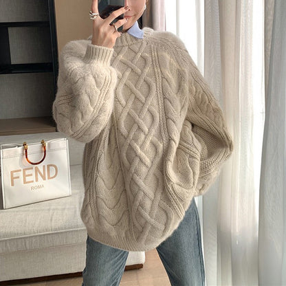 Autumn Winter New Thick Thread Sweater Women's Loose and  round Neck Thickened  Pullover Sweater