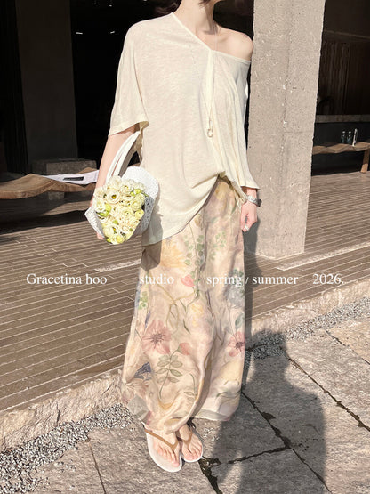 Vintage Oil Painting Floral Print Midi Skirt 100% Polyester Side Zip A-Line Elegant Summer Skirt