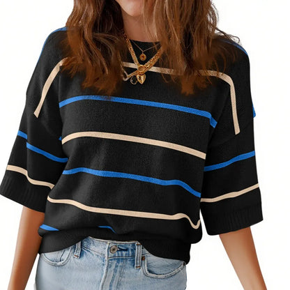 Shewin 2026 SummerVibes Women's Shortsleeve Round Neck Striped Pullover - Soft Breathable Polyester Sweatshirt, Chic Casual Fit, Ladies' Clothing for Daily Wear