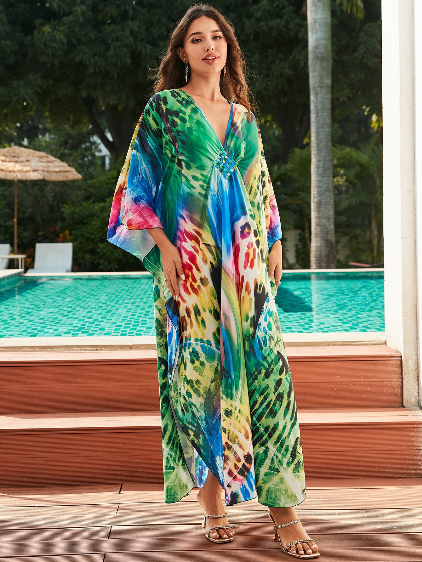 [Plus Size] Butterfly/feather Print Ruched Split Hem Tunic Dress, Valentine's Day Elegant Batwing Sleeve V Neck Long Dress for Summer, Casual Womenswear, Gift, Homecoming Dresses, Women's Clothes for Beach Holiday Vacation, Moo Moo Dresses