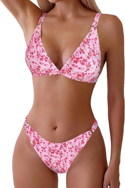 Women's 2 Piece Floral Print Swimsuit Triangle String High Cut Bikini Sets Bathing Suit - Seldom Seen Styles