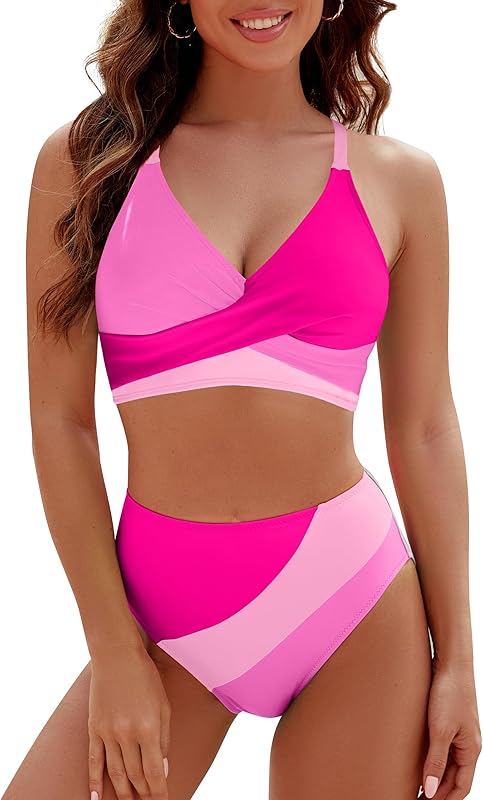 Womens High Waisted Bikini Sets Criss Cross Two Piece Swimsuits Color Block Full Coverage Bathing Suits - Seldom Seen Styles