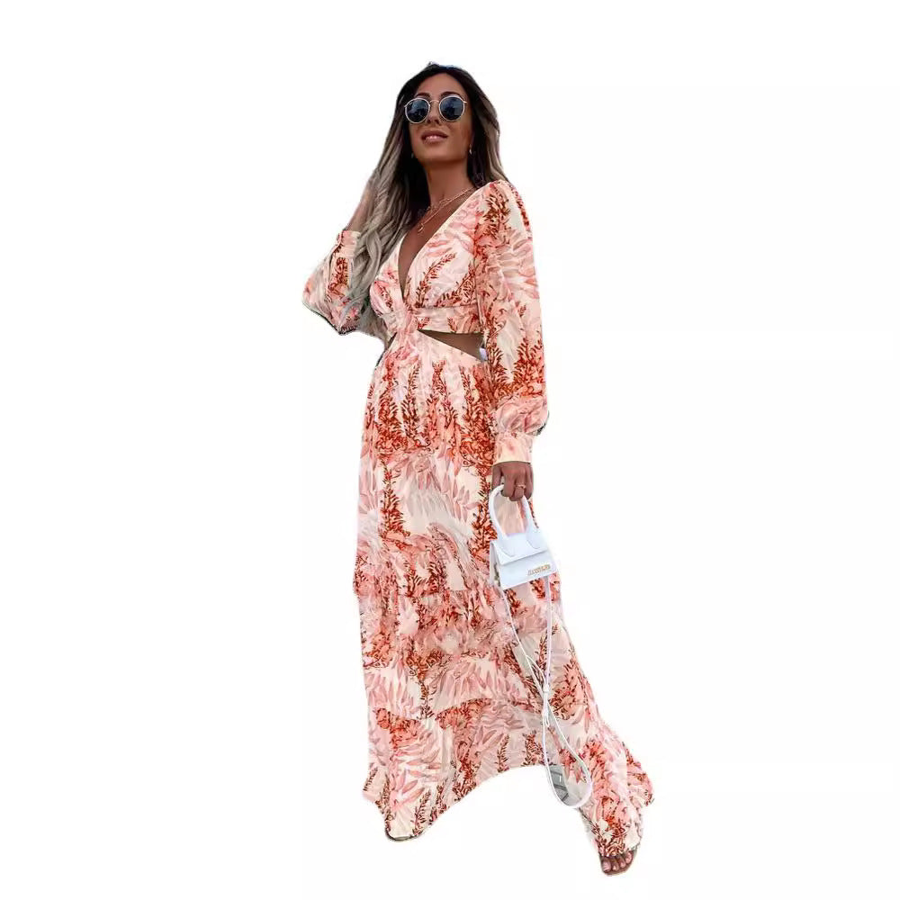 2024Amazon European and American Fashion Women's Wear Spring New Long Printing V Collar Long Sleeve Temperament Dress