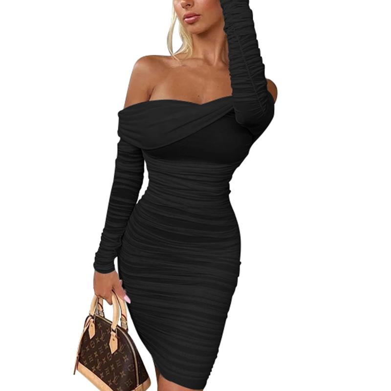 Women's Sexy Elegant Ruffle Long Sleeve Off Shoulder Ruched Party Mini Dress Fabric Formal Fabric Formal - Seldom Seen Styles