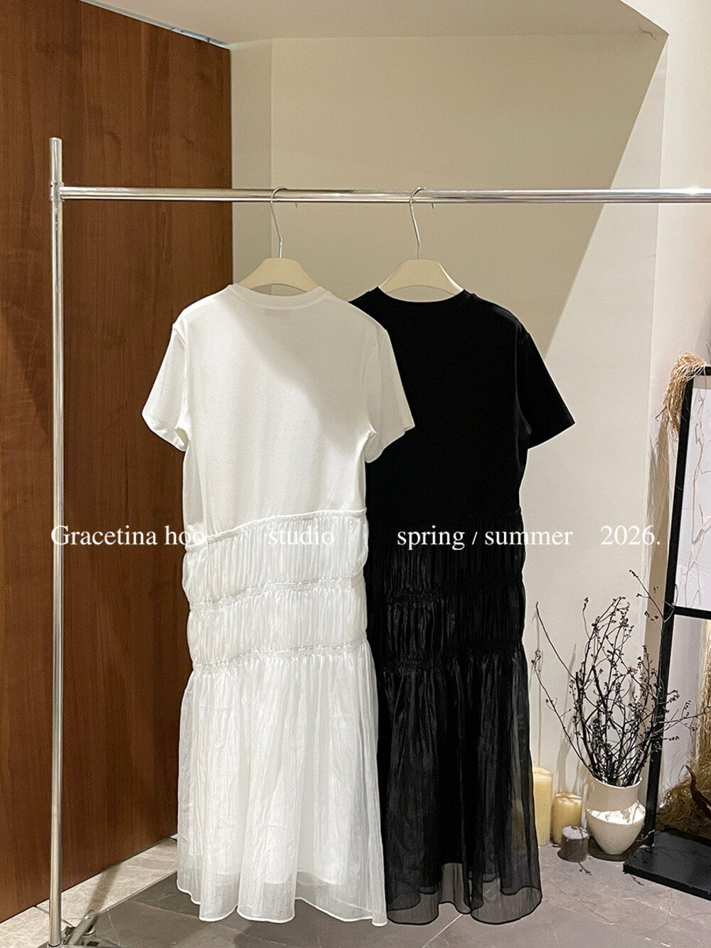 Cotton T-Shirt Spliced Mesh Tiered Ruffle Maxi Dress Patchwork A-Line Elegant Casual Summer Dress White Black - Seldom Seen Styles