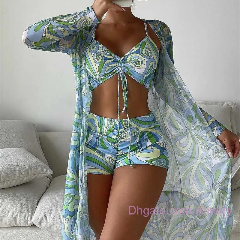 2023 Swimsuit Women's Designers Bikini Split Three Piece Set Cover Up High Waist Long Sleeve Ins Overshirt Drawstring Beach Bikinis Swimwear - Seldom Seen Styles