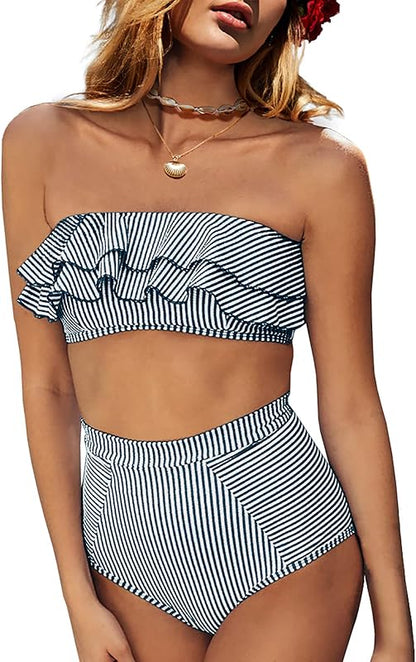 Women High Waisted 2 Piece Bikini Set Bandeau Ruffle Swimsuit Top Striped Bathing Suits - Seldom Seen Styles