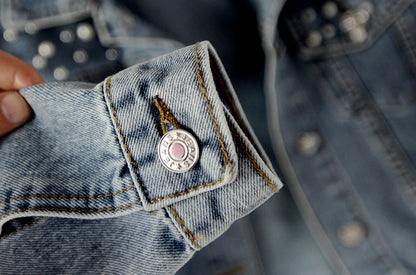 Women's Fashion Loose Embroidered Pearls Beading Cropped Denim Jacket Jean Coat