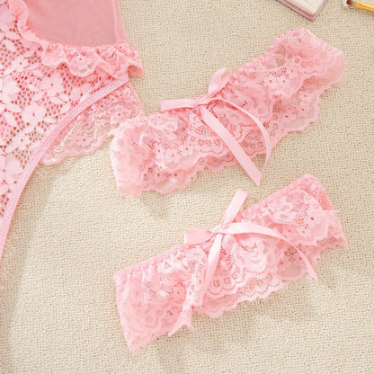 Women Sexy Lingerie Bodysuit Floral Lace Teddy Babydoll Snap Crotch Ruffle One Piece with Thigh Bands