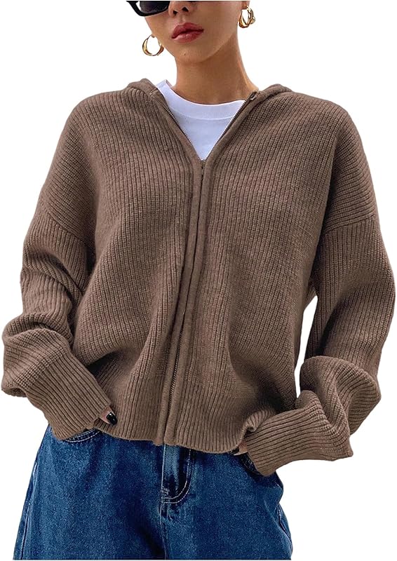 Women's Zip Up Hooded Cardigan Sweater Knitted Drop Shoulder Fall Hoodies Outerwear - Seldom Seen Styles