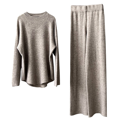 【Plus Size】 Two-Piece Set Solid Mock Neck Drop Shoulder Split Hem Sweater & Straight Leg Pants