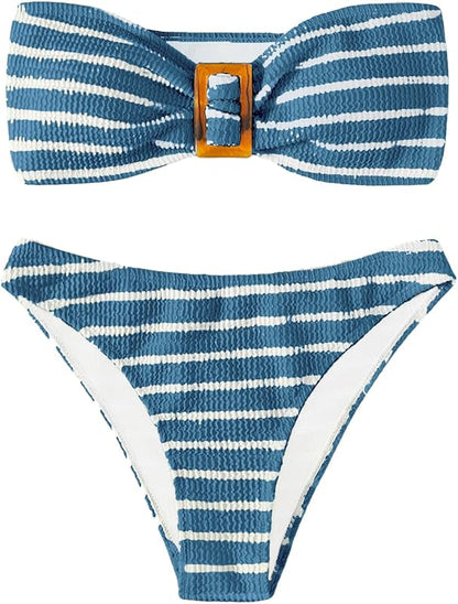 Women's 2 Piece Strapless Swimsuit Striped Bandeau High Waisted Thong Bikini Set Bathing Suit - Seldom Seen Styles